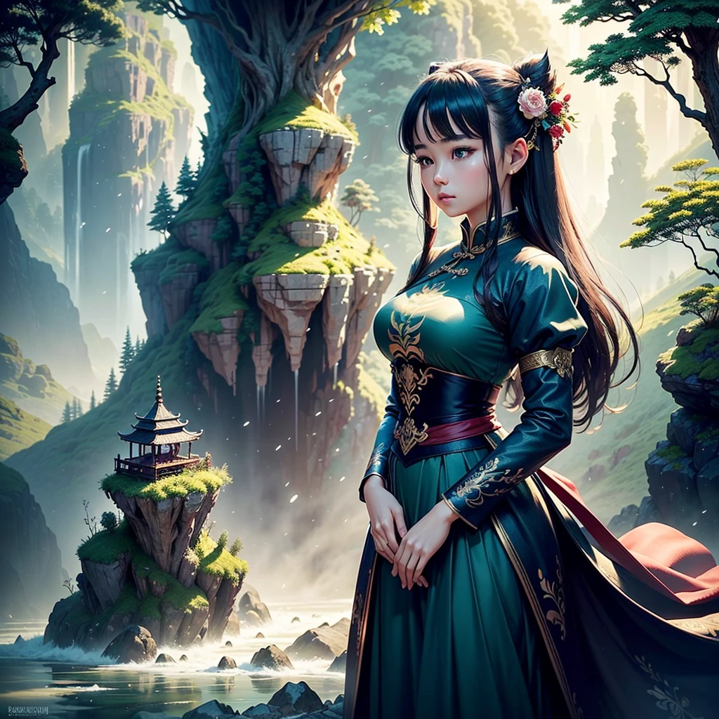 dragon_TRUE, dragonเปลวไฟยาว, dragonจีน, claw, Crooked body, sharp eyes, ((best quality)), ((Masterpiece)), ((เหมือนTRUE)), ((18 year old girl in chinese dress, Flowing hair adorned with beautiful hair accessories, ยืนอยู่ท่ามกลางกลีบดอกไม้บินที่มีdragonคู่บารมีล้อมรอบเธอ)), Haircut patterns by choppy layers, Possed is standing in the doorway position, Sharp Grey-Blue, Shooting angle is a view from a high angle,
Be amazed by the captivating image of an 18-year-old girl wearing an elegant Chinese dress, Her flowing hair is elegantly embellished with cute hair accessories.. As the petals swayed in the breeze around her, a majestic dragon wraps its Crooked body around her, Create a charming scene at work. Immerse yourself in the deepest forest river of a rainforest village, GREENERY AND VIBRANT VEGETATION SURROUND THEM.. Decorative runic letters in the landscape, Immerse yourself in the air of ancient magic. The couple stood on top of a mist-covered mountain., Where snow-capped peaks reach the sky. A soft light illuminates the girl's face., Cast a gentle silhouette and capture her impersonal beauty. Distant bokeh and neon lights add a touch of magic from afar., Create a dreamlike atmosphere. Blurred background enhances cinema-level quality, Draw attention to beautiful and highly detailed visual elements.. Prepare to be captivated by the seamless blend of natural elements and fantasy in this artistic Masterpiece.