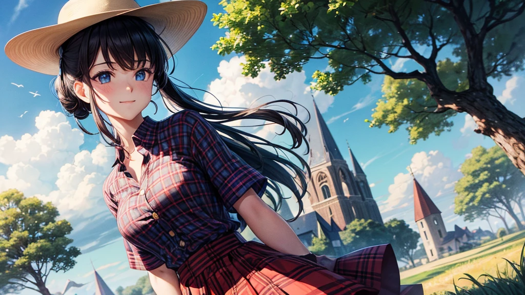 1girl, solo, rural landscape, village, trees, sun, clouds, fantasy, black hair, ponytail, large breasts, button down shirt, ((red checked shirt)), ((short sleeved shirt)), ((unbuttoned shirt)), popping buttons, unbuttoning buttons, cleavage 1:3, blue eyes, dark skirt, smile, looking at the viewer, standing, hair ribbon, golden necklate, elegant white hat