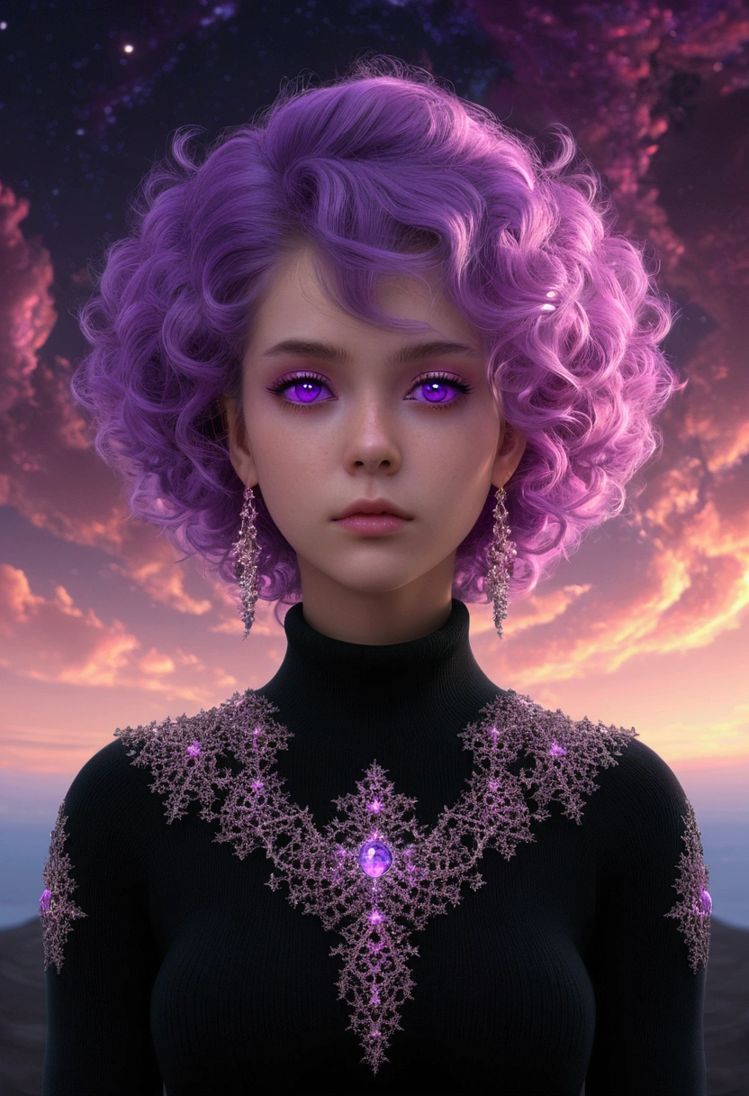 3dmm style,(masterpiece, top quality, best quality, official art, beautiful and aesthetic:1.2), (fractal art:1.3), 1girl, beautiful, high detailed, purple hair with a hint of pink, pink eyes, dark lighting, serious face, looking the sky, sky, medium shot, black sweater, jewelry