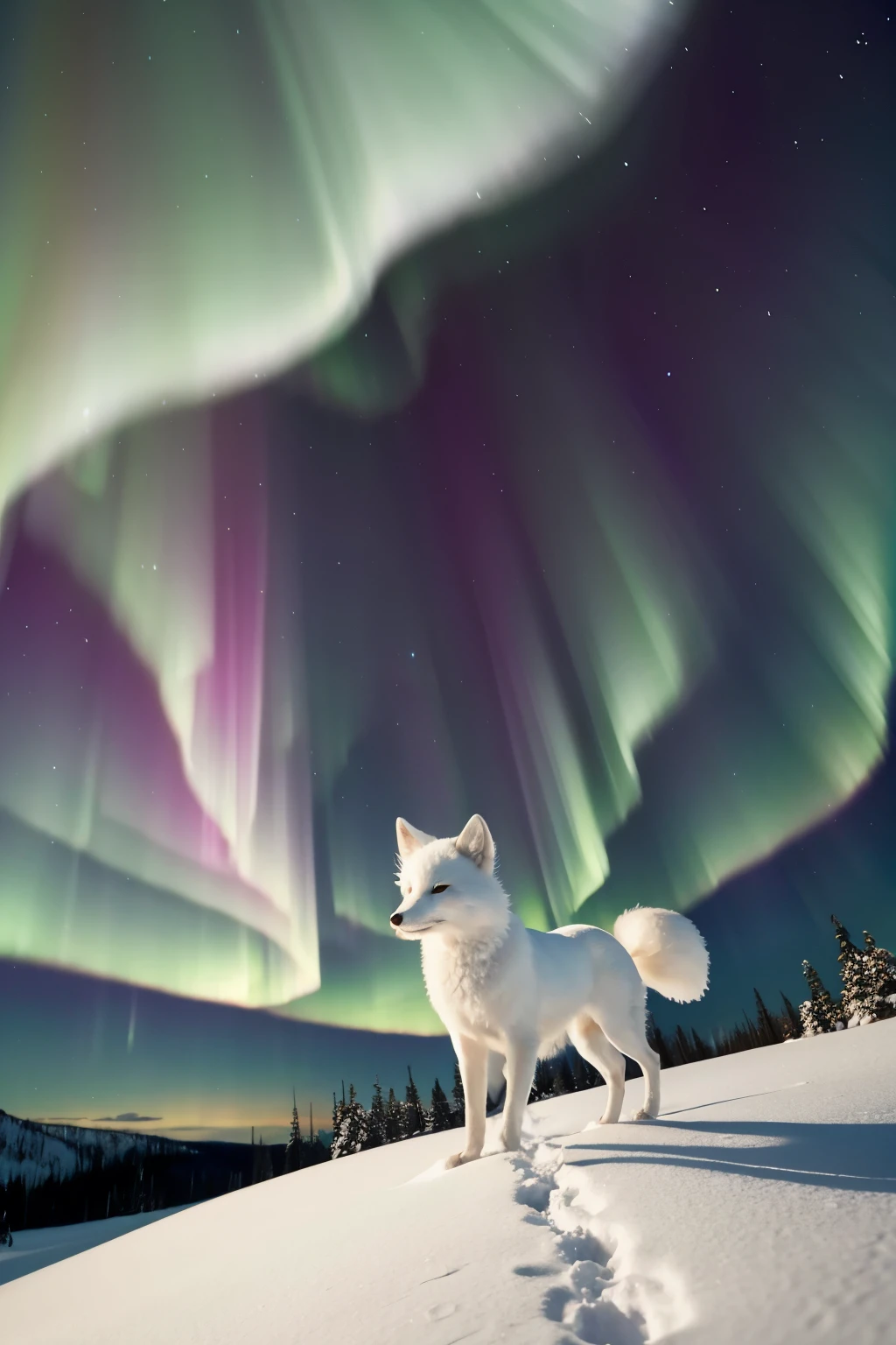 Create a video of a little white fox walking in the snow at night and the aurora borealis in the sky