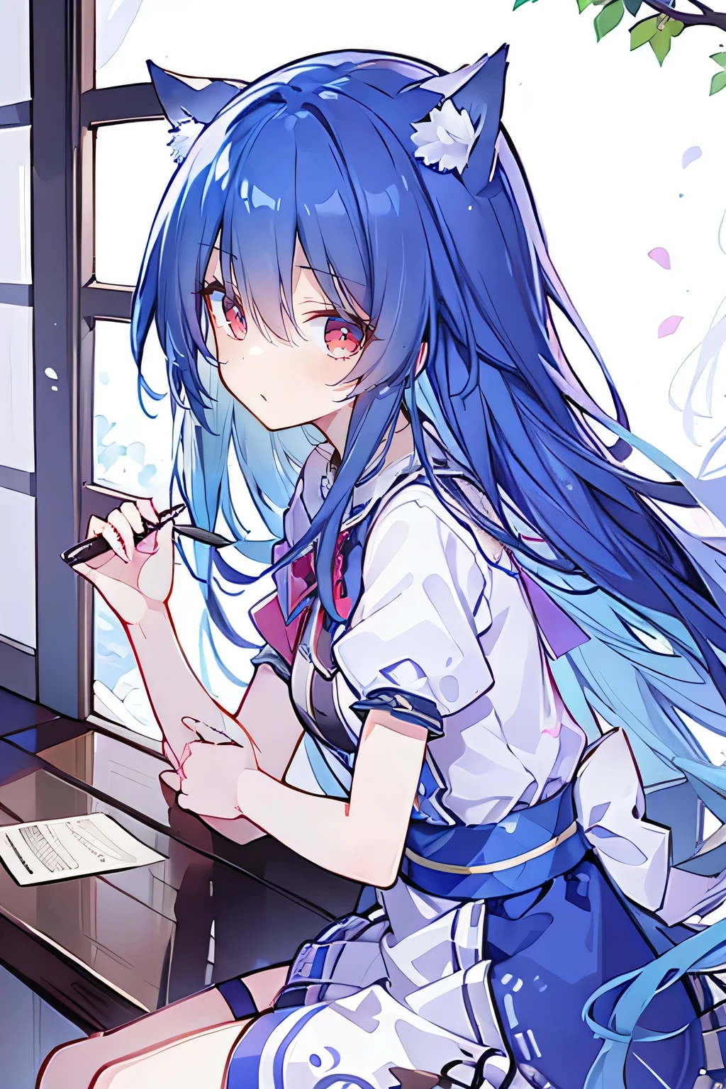 (Masterpiece:1.2),Ultra-detailed,lifelike,The eyes are expressive,Fair skin,Perfect face shape,1 girl,Japanese Manga,Gorgeous blue hair,Flowing blue hair,Flowing clothes,Cat ears,Petals falling,Smile,Tokyo background,background,heavy snow,winter.Highest quality,perfect face,sitting on window sill drinking coffee and looking out the window.