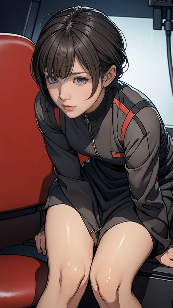 -yeld giEarth Federation Operator Girl Soldier、Black short hair、Idol-level cuteness、Childish face and appearance、Operator intercom mounted on head、Accurately drawn faces、thin、健康的なKnee-lengthスカート風の地球連邦軍制服、Knee-length、Inside the bridge of a battleship、Low angle shot、Anatomically correct、Accurate Fingers、Accurate Rimbuster Piece、Photorealization