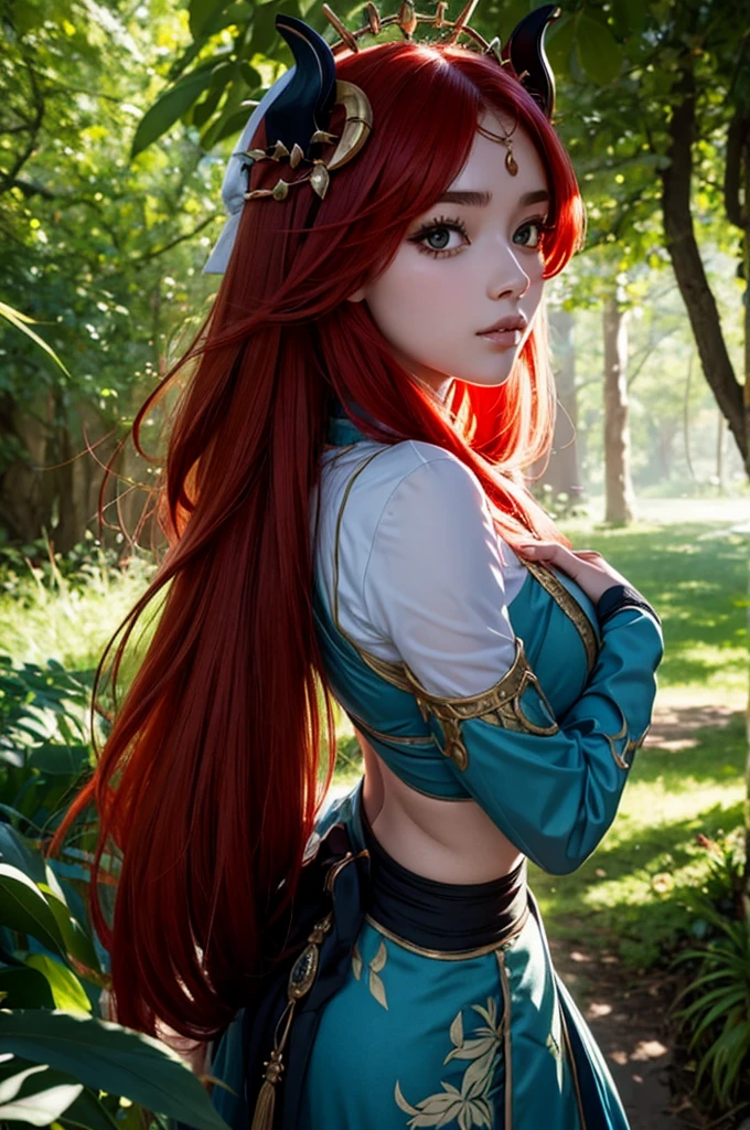 1 girl, nilou from genshin impact,under the shades of trees, looking back pose, leaves shadow on face, red hair, pretty face, half body portrait