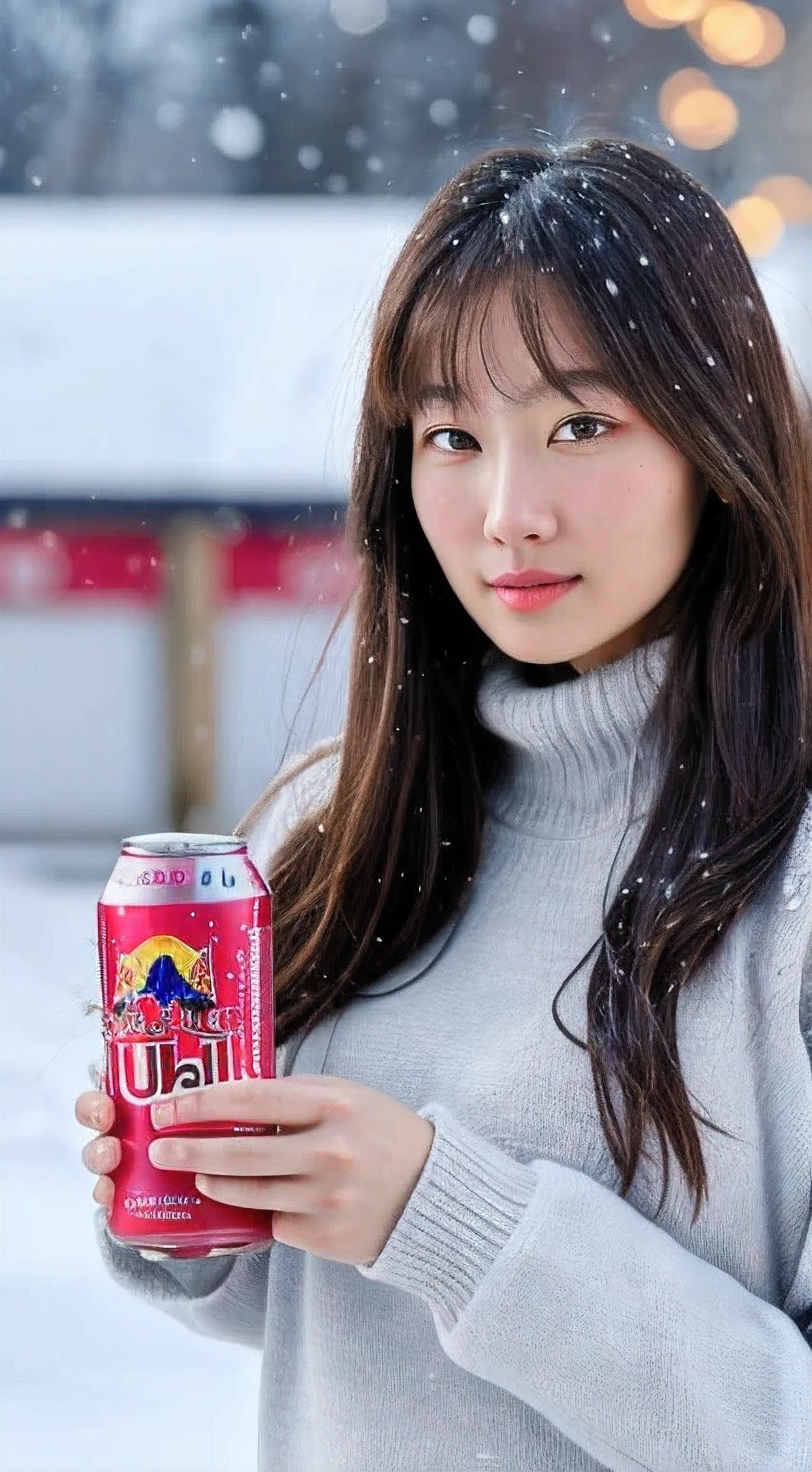 (masterpiece:1.35),(best-quality:1.4),8k,ultra-detailed,photography,(ultra-realistic:1.4), adult girl, long hair, sweater, snowing background, while holding an energy drink with the Redbull brand