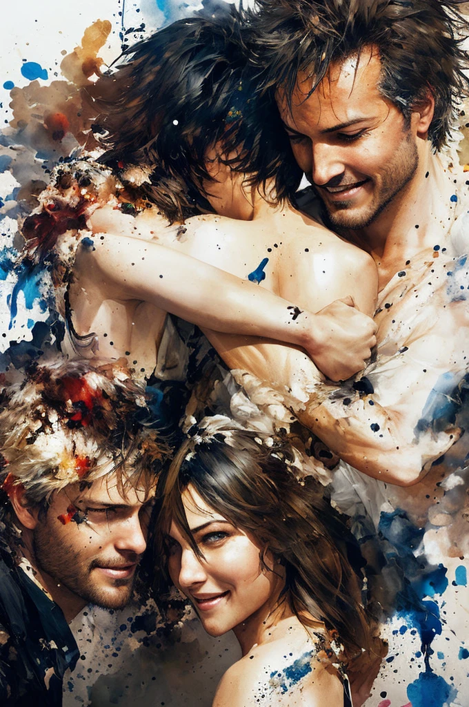 Couple hugging, Sexy Woman, Handsome, (swag), (Grin), (like), Beautiful attention to detail, Messy Hair, Drops of ink, Ink explosion, Painted by Greg Rutkowski, [Yoji Shinkawa]