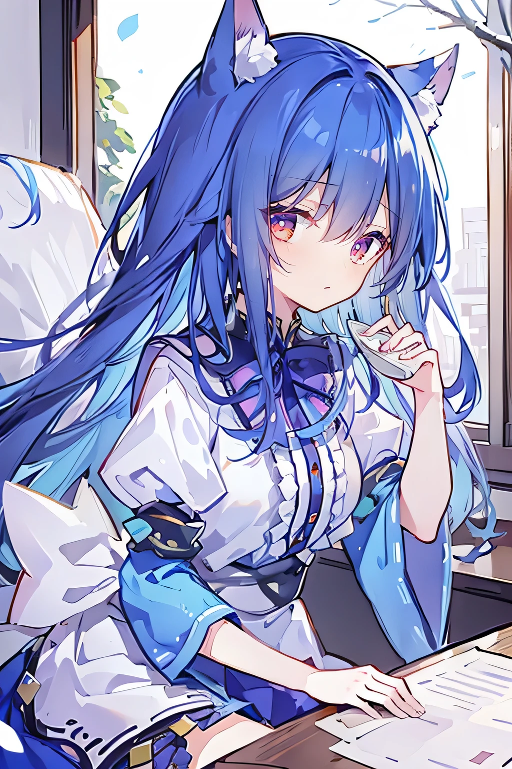 (Masterpiece:1.2),Ultra-detailed,lifelike,The eyes are expressive,Fair skin,Perfect face shape,1 girl,Japanese Manga,Gorgeous blue hair,Flowing blue hair,Flowing clothes,Cat ears,Petals falling,Smile,Tokyo background,background,heavy snow,winter.Highest quality,perfect face,sitting on window sill drinking coffee and looking out the window.