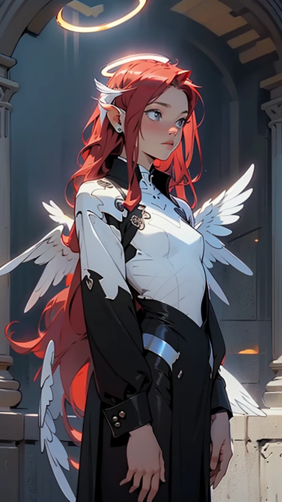 1 man, (shiny red long hair), (black dress suit), ((big angel wings white)), ((white angel halo)), looking away from camera, small ears, white halo