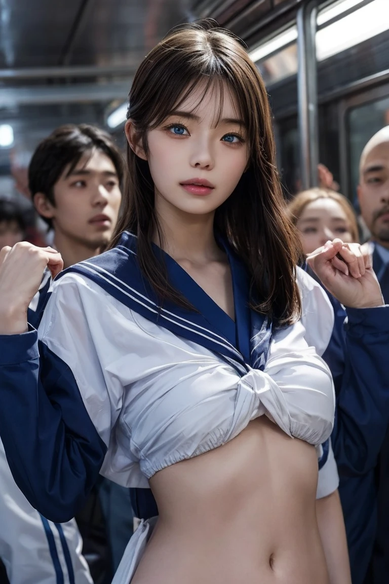 Sailor suit,Breathless face、Excited expression、Realistic,High resolution,Soft Light,Beautiful and slender girl, blue eyes, Elegant and sexy, Japanese women、Perfect hands、Perfect Arms、Very large breastplate、Highest quality、Very detailed、Crowd of Men surfing、Realistic face、Realistic eyeasterpiece、Highest quality、Very detailed、1 girl、Crowd of Men,in the train,belly button,whole body