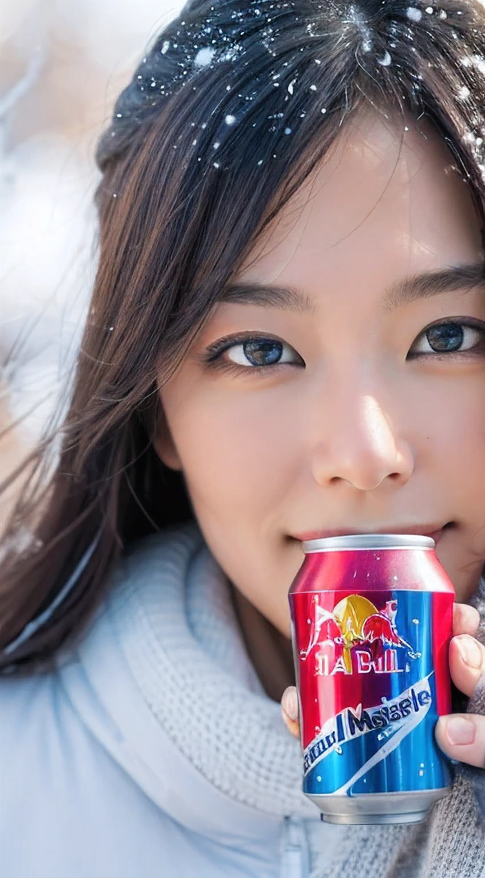 (masterpiece:1.35),(best-quality:1.4),8k,ultra-detailed,photography,(ultra-realistic:1.4),adult girl,long hair,sweater,snowing background,holding energy drink,Redbull brand,beautiful detailed eyes,beautiful detailed lips,extremely detailed face and eyes,longeyelashes,winter,snow,cozy,warm,smiling,calm,natural lighting,soft colors,glowing skin,intricate details