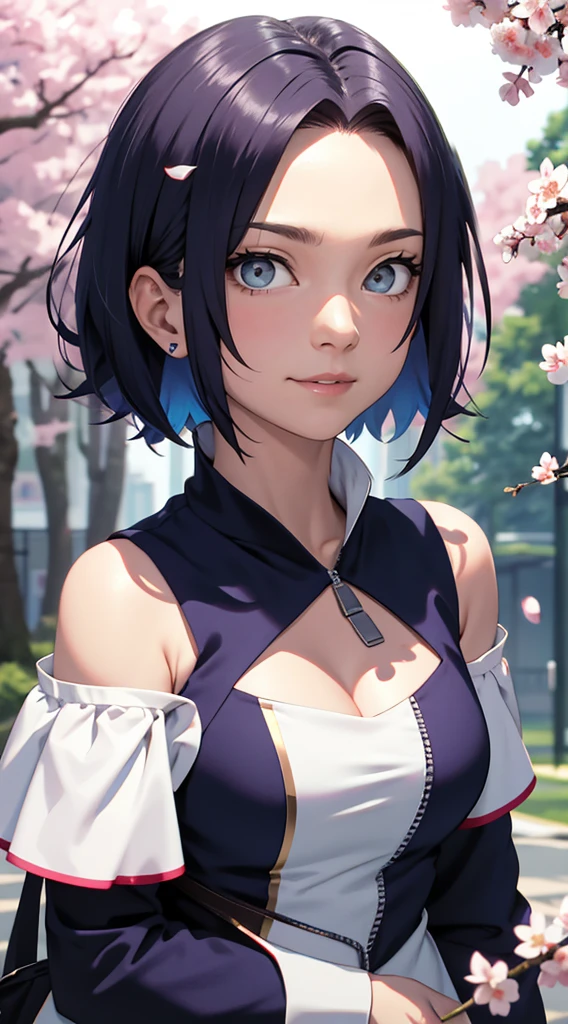tmasterpiece， Best quality at best， 1girll， Akane Kurokawa， Large breasts，Off-the-shoulder attire，（cleavage)，（upperbody closeup)，Raised sexy，is shy，ssmile，with short blue hair， （Blue eyeballs:1.4)， Forehead protection， the cherry trees，Cherry blossoms flying，Blue Cloths，Zipper half