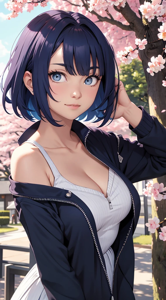 tmasterpiece, Best quality at best, 1girll, Akane Kurokawa, Large breasts,Off-the-shoulder attire,(cleavage),(upperbody closeup),Raised sexy,is shy,ssmile,with short blue hair, (Blue eyeballs:1.4), Forehead protection, the cherry trees,Cherry blossoms flying,Blue Cloths,Zipper half