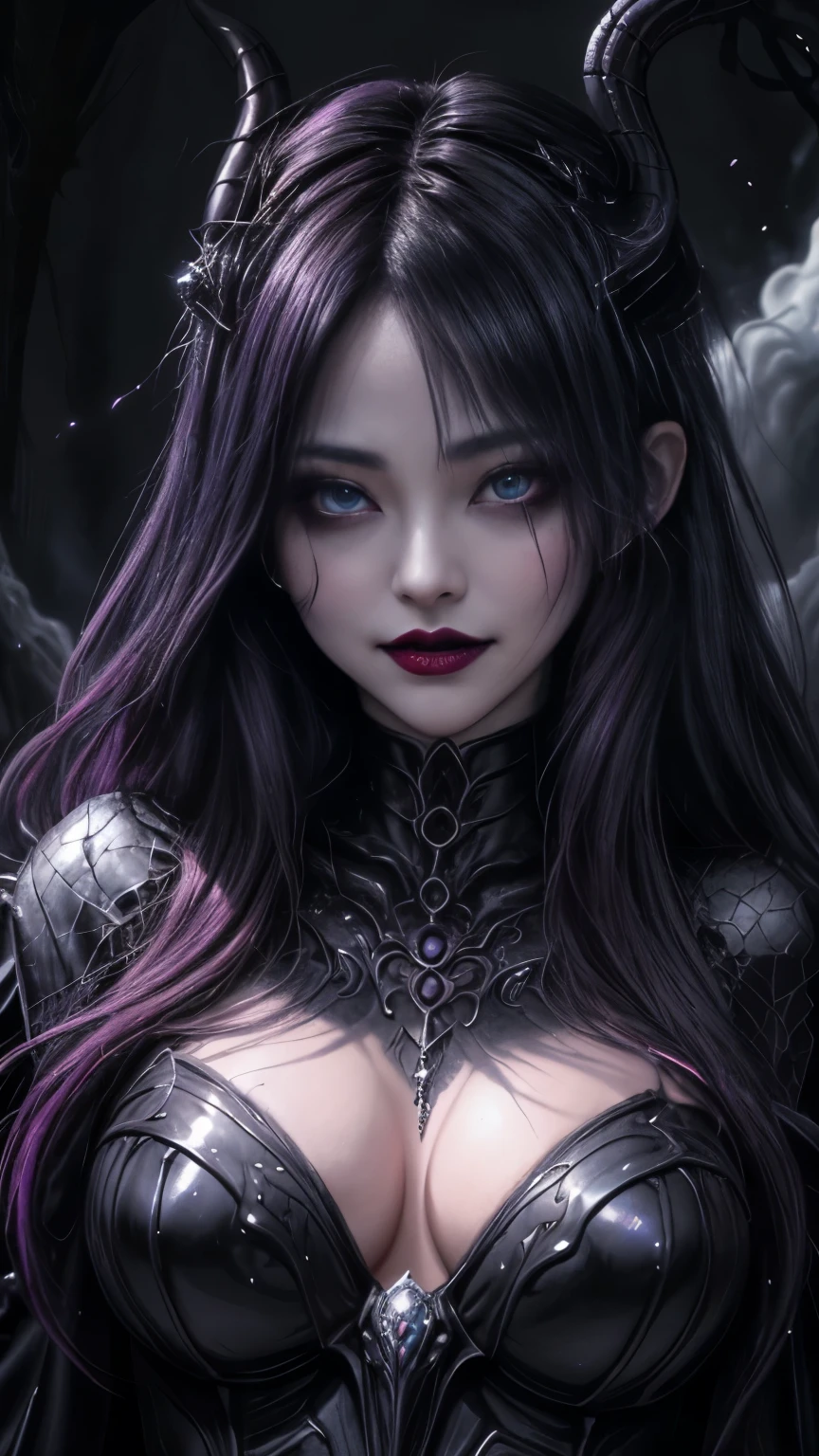 Esoteric arachnids lady, Spider Queen Elise, League of Legends, Esoteric arachnids, Combat Stance, ( body formed from metallic mauveine and metallic black liquid metallic paint twisting into a beautiful interpretation of the female figure), length, Sharp Fangs, nature, ((Complex metallic colors in the foreground)), (( Big Breasts、Fluid Mechanics, The most beautiful smooth scale face makeup, Smirking expression)) - Dark blood, Onyxia、Noir painting of a beautiful young witch, length purple hair, dark purple lips, evil, evil female, smile, Black Prom Dress, She is coming to you, close, Bright Blue Eyes, Surrounded by swirling pink smoke, Genuine, Attention to detail, Highest quality、A beastly demon wields a vicious blade, Blood Chain, Behemoth Bones, Snake-like tentacles, Cruel Teeth, Expressions of madness, Oppressive Dungeon. 8K Vision Reveals Fear, Ultra HD detail makes monsters stand out, Grotesque shadows dance, The creature whispers, Stifling atmosphere, Vision problems, Visible Madness. blade, evil意の閃光が輝く, reflect (Light) Beyond the Darkness, Elucidate (Sharp details) and、Add a dizzying dimension to the impending chaos.
