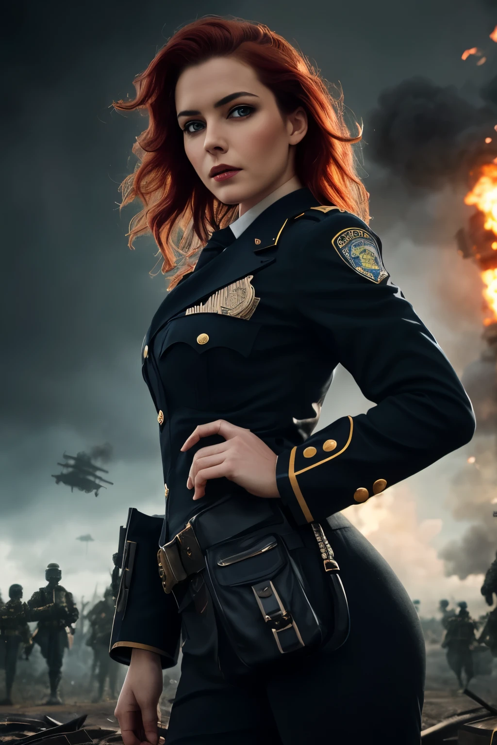 A woman stands in front of a group of robots, male portrait in steampunk style, compositing, beautiful android woman, stormy and grandiose war scene, inspired by Richard Avedon, black dieselpunk policewoman, red-haired woman, girl in a suit, sophisticated fashion clothes, beautiful woman soldier