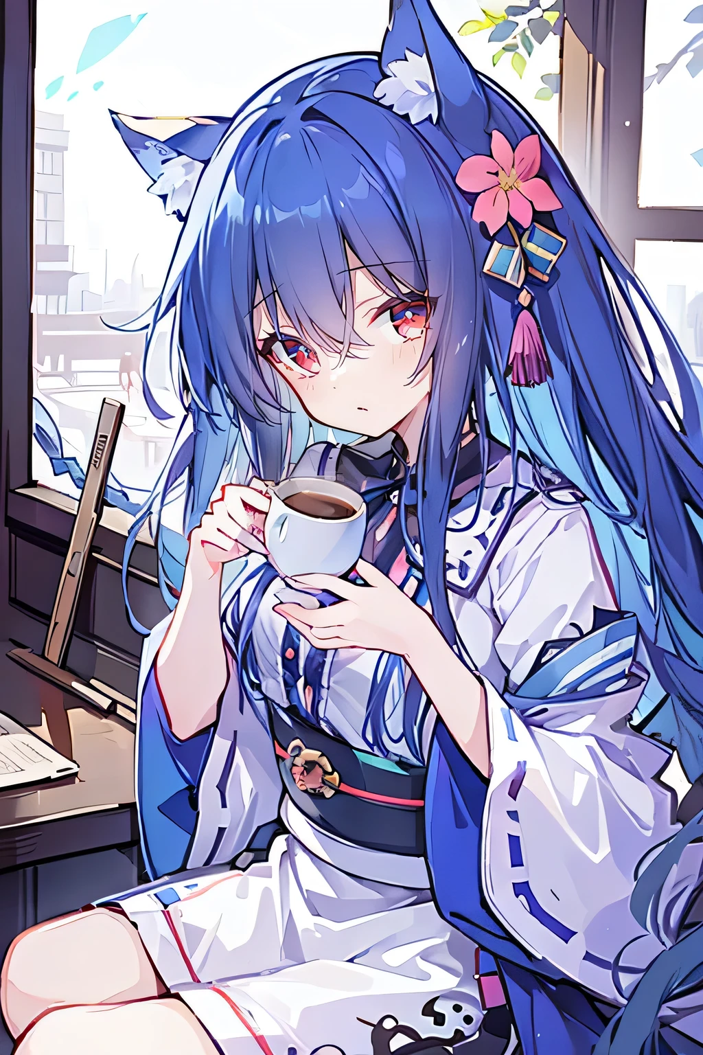 (Masterpiece:1.2)，Ultra-detailed，lifelike，The eyes are expressive，Fair skin，Perfect face shape，1 girl，Japanese Manga，Gorgeous blue hair，Flowing blue hair，Flowing clothes，Cat ears，Petals falling，Smile，Tokyo background，background，heavy snow，winter.Highest quality，perfect face，sitting on window sill drinking coffee and looking out the window.