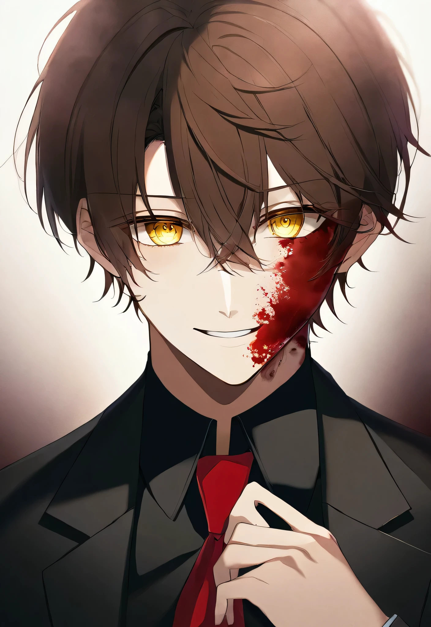 a young man with Brown hair and a red tie, in a black suit and with a red rose in his hand.. background dark, smoky atmosphere with hints of green and purple. The overall mood of the image is creepy and mysterious., depth of field, Cinematic compositions, Better lighting, One, 1 boy, male focus, blood, Brown hair, yellow eyes, blood on face, smile