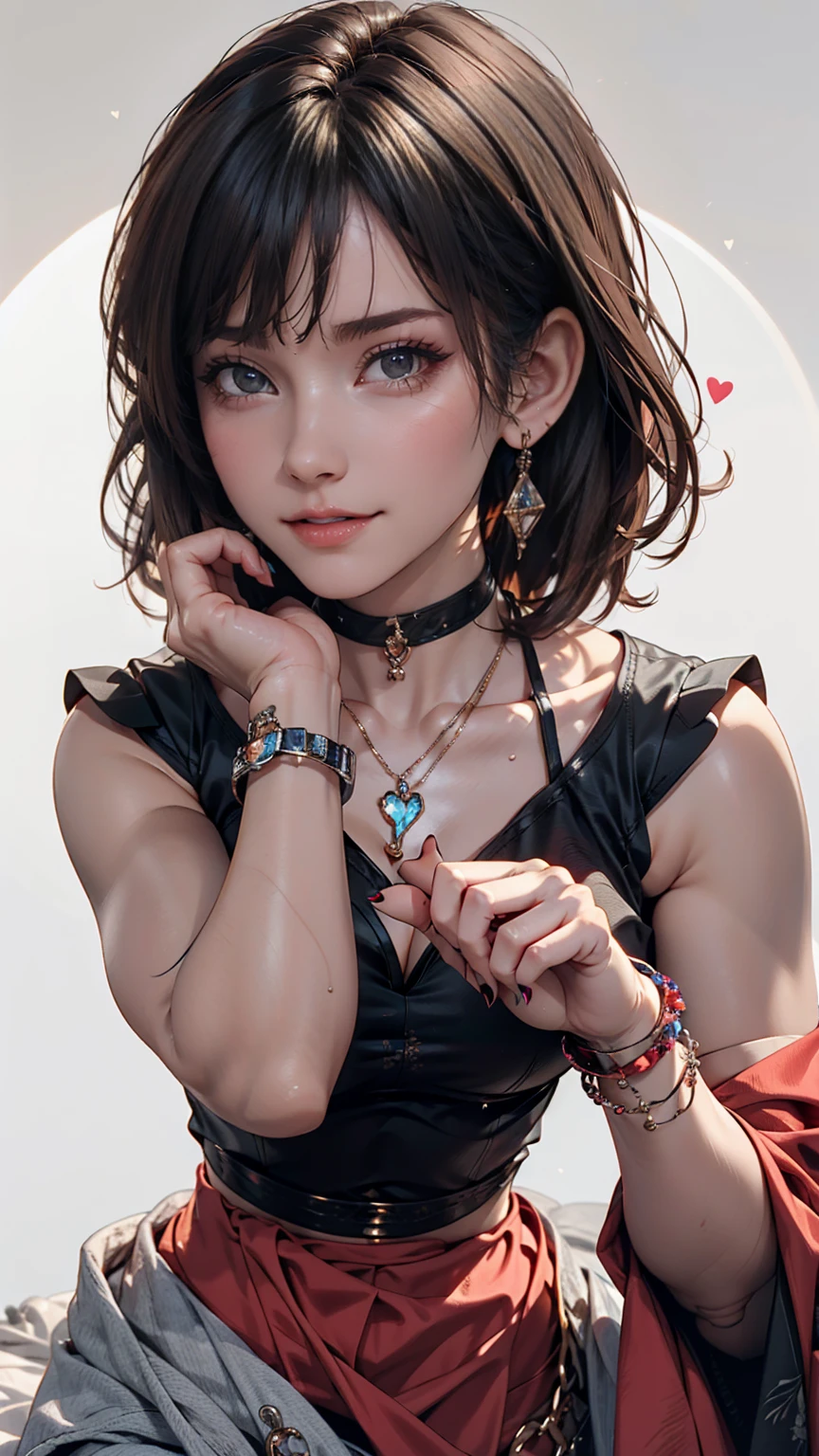 Piriyon, alone, One girl, 黒いnail, jewelry, short hair, View your viewers, choker, necklace, put your hand on your face, Earrings, White Background, heart, Mouth closed, Grey Eyes, Manicure, Simple Background, Grey Hair, ear Earrings, black choker, smile, eyelash, lips, Put your hand on your cheek, bangs, bracelet, beads, gem, Earrings, nail、hard rock fashion