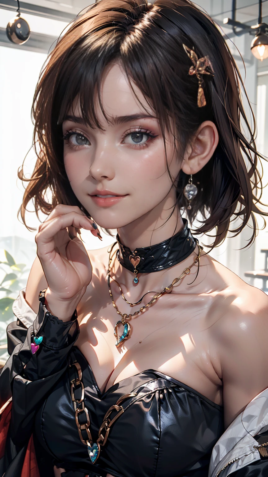 Piriyon, alone, One girl, 黒いnail, jewelry, short hair, View your viewers, choker, necklace, put your hand on your face, Earrings, White Background, heart, Mouth closed, Grey Eyes, Manicure, Simple Background, Grey Hair, ear Earrings, black choker, smile, eyelash, lips, Put your hand on your cheek, bangs, bracelet, beads, gem, Earrings, nail、hard rock fashion