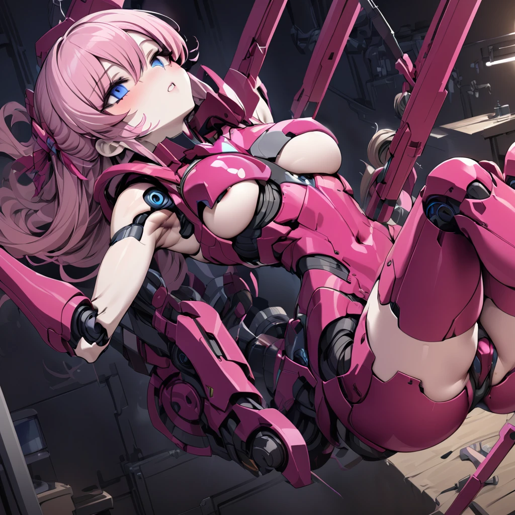 ((Highest quality)), ((masterpiece)), (detailed), （Perfect Face）、The female machine is in pieces、The entire body is mechanical and there are no fleshy parts. The mechanical woman is a machine named Lacus Clyne with blue eyes and semi-long pink hair. Her entire body is mechanical and she is a beautiful female machine with a sexual function.、A perfect mechanical woman、A female machine that has been disassembled into five parts and suspended in a laboratory, with the head, arms and legs removed from the torso and all five parts disassembled and undergoing maintenance.、An unfinished female machine with cords coming out of the joints