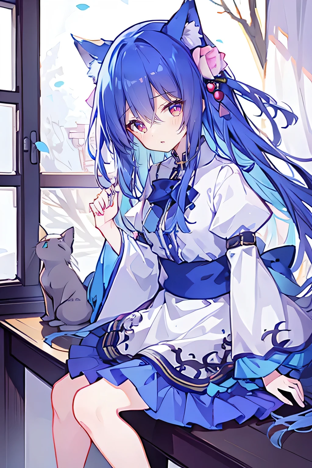 (Masterpiece:1.2),Ultra-detailed,lifelike,The eyes are expressive,Fair skin,Perfect face shape,1 girl,Japanese Manga,Gorgeous blue hair,Flowing blue hair,Flowing clothes,Cat ears,Petals falling,Smile,Tokyo background,background,heavy snow,winter.Highest quality,perfect face,sitting on window sill drinking coffee and looking out the window.