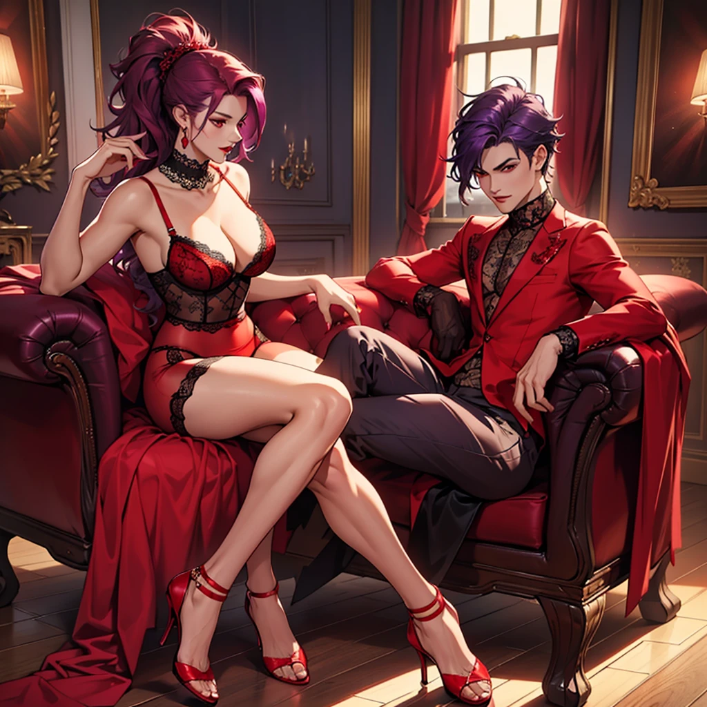 A handsome man would wear... lenceria de seda roja... it would be a bra with... lace trim and... there would be a coincidence... red silk panties. and there would have been... high heels and red lipstick. Only, purple hair, Red eyes, man wearing lingerie