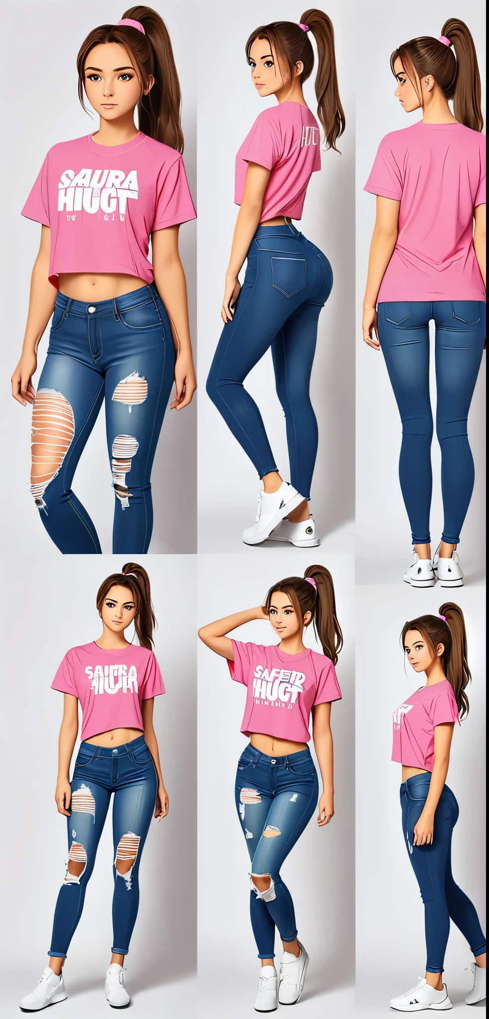 safura hugt image, adult 18 years old, appealing, Athletic, Proportionate Body, brown hair tied in a ponytail, bright yellow eyes, wearing a pink t-shirt and detailed ripped jeans, wearing white sneakers, looking at the camera, standing, Variation of poses.