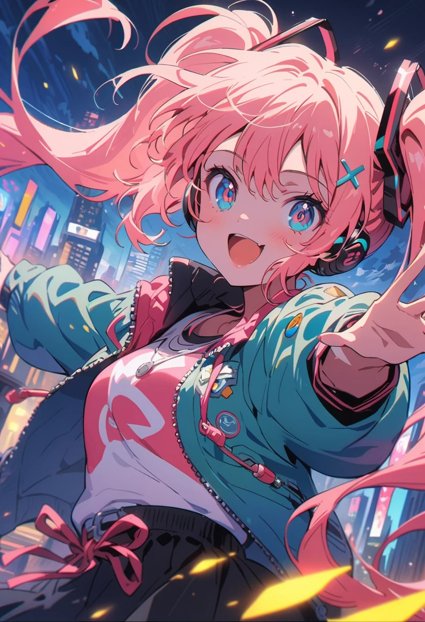 (Highest quality,4K,8k,High resolution,masterpiece:1.2),Very detailed,Vibrant colors,Beautiful details,Beautiful lip detail,Cute girl with long turquoise twin tails,stylized cel shading,Dynamic pose,Neon cityscape background,Singing on the rooftop,Anime-style artwork,Happy and cheerful expression,Lens flare,The city lights in her eyes,hatsune miku