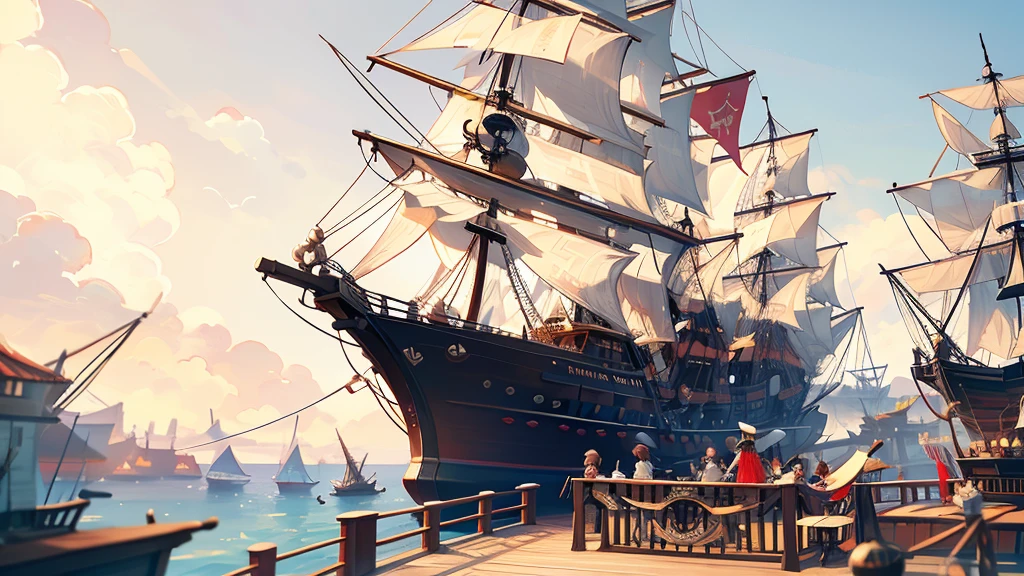 Pirates having a party on the deck of a pirate ship。Sunny daytime。Binge。There are also accordion and other instrumentalists.