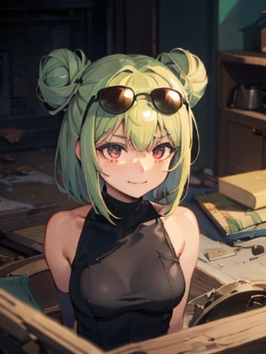(highres), (best quality), (detailed) 1 girl, alone, medium hair, pastel green hair, twin buns, evil smile, violet eyes, round black sunglasses on head, black sleeveless turtleneck top, green shorts, dark brown boots, day time, abandoned place, resting, thoughtful, looking away from the camera