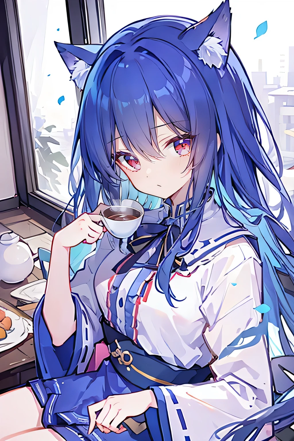 (Masterpiece:1.2)，Ultra-detailed，lifelike，The eyes are expressive，Fair skin，Perfect face shape，1 girl，Japanese Manga，Gorgeous blue hair，Flowing blue hair，Flowing clothes，Cat ears，Petals falling，Smile，Tokyo background，background，heavy snow，winter.Highest quality，perfect face，sitting on window sill drinking coffee and looking out the window.