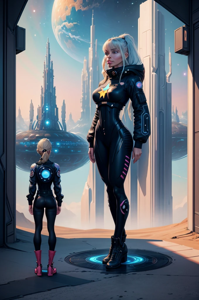there is a woman standing in front of a painting of a planet, futuristic city in background, psytrance artwork, interconnected human lifeforms, panoramic view of girl, progressive rock album cover, dream of the endless, star dust, galaxy, stoner rock --ar 16:9 --v 5.1