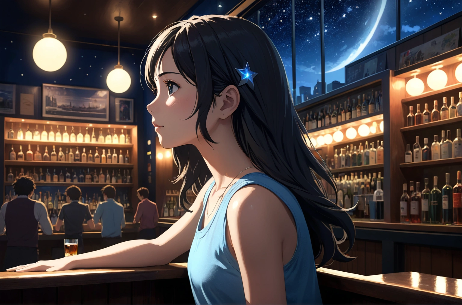 Uses Makoto Shinkai&#39;s depiction perfectly,Portrait of Halie Loren,8k 4k masterpiece photo ,London,A jazz bar with a glass ceiling,The twinkling stars can be seen through the glass windows.,It&#39;s a dark night outside,Jazz is playing,Close-up of profile,Beautiful in profile,Semi-long hair,Look in a different direction,Standing alone at the counter,Tight fitting blue tank top,Bust is medium,Same character as before、At the same store as before