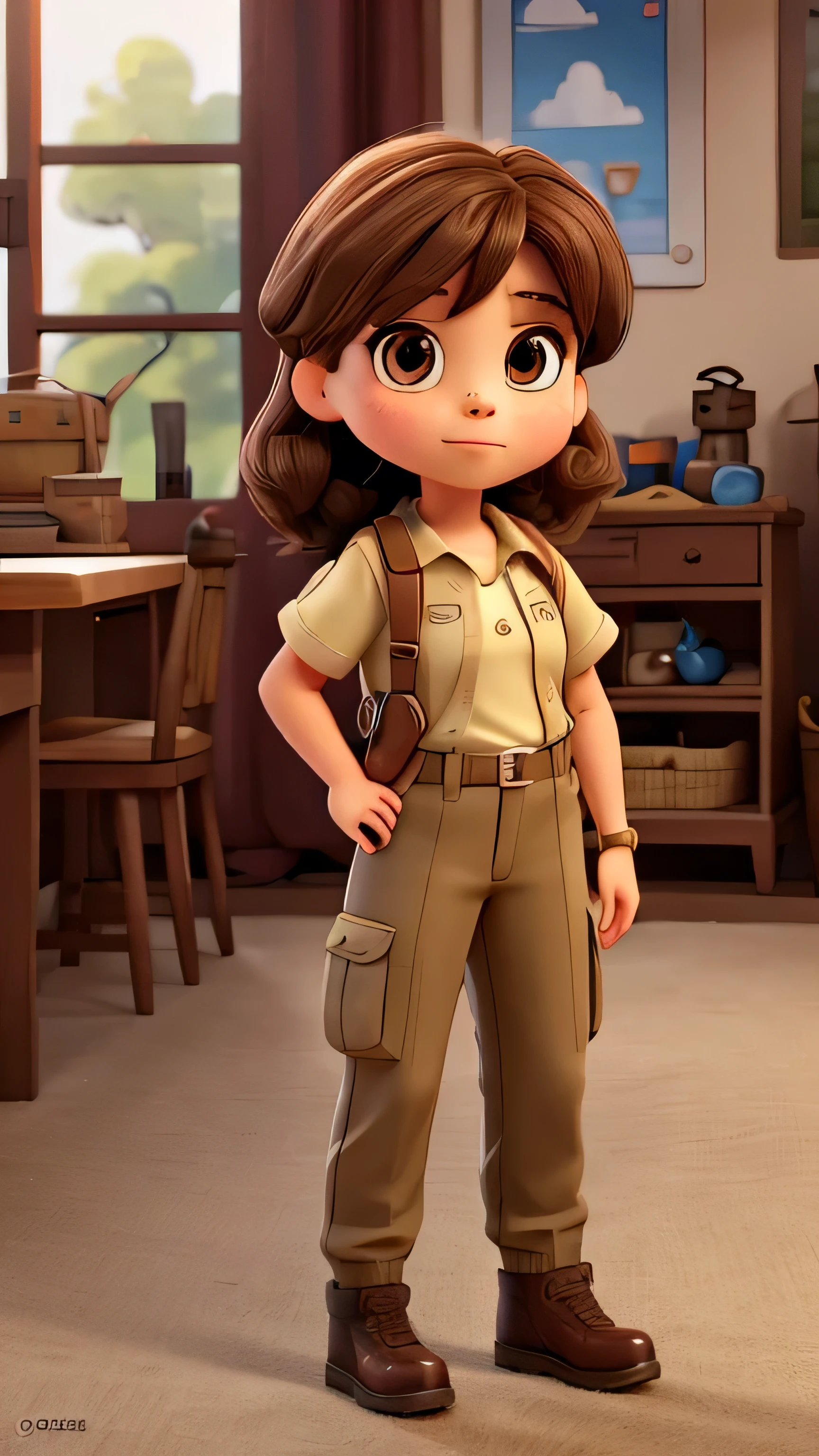 Clara is a seven year old girl, has brown hair, mid back, Brown eyes, front and full body. Wear army uniform shirt and army cargo pants She is intelligent and adventurous. He finds himself in his grandmother&#39;s garden.