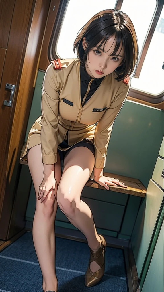 13-year-old girl、Earth Federation Operator Girl Soldier、Black short hair、Idol-level cuteness、Childish face and appearance、Operator intercom mounted on head、Accurately drawn faces、thin、健康的なKnee-lengthスカート風の地球連邦軍制服、Knee-length、Inside the bridge of a battleship、Low angle shot、Anatomically correct、Accurate Fingers、Accurate Rimbuster Piece、Photorealization