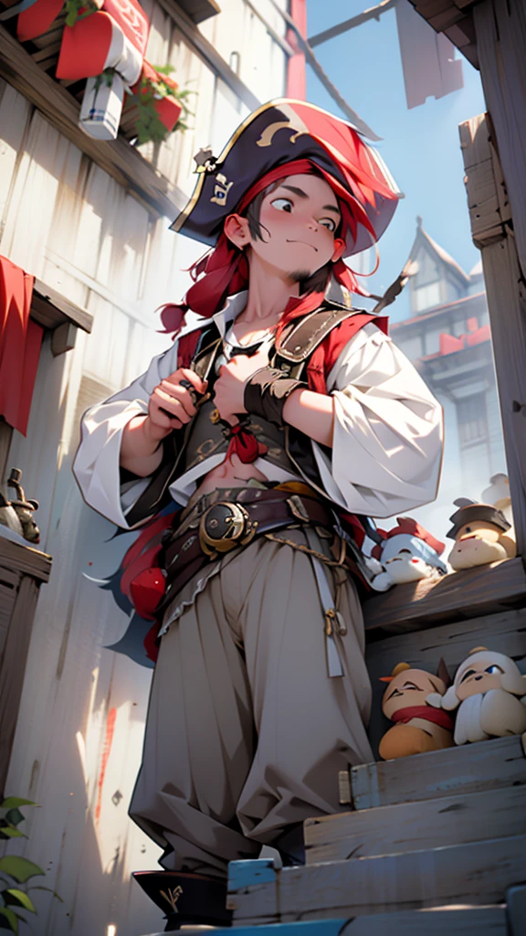 Pirates having a party on the deck of a pirate ship。Sunny daytime。Binge。There are also accordion and other instrumentalists.
