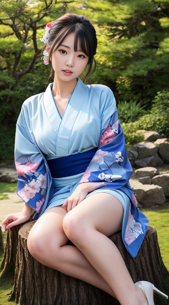 最high quality、high quality、best image quality、8k、最High resolution、High resolution、最high quality、masterpiece、RAW photo、whole body photos、Realistic human body in every detail、Realistic skin in every detail、Realistic face in every detail、Realistic eyes in every detail、Realistic lips in every detail、Realistic teeth in every detail、Realistic ears down to the last detail、Realistic hair down to the last detail、Realistic arms down to the last detail、Realistic reproduction of every detail、Realistic fingers in every detail、(fine hands、thumb１reference４)、Realistic feet in every detail、((beautiful japanese girl))、(japanese model)、((18 year old beautiful girl))、(black hair)、(straight hair)、((whole body))、((Upward beautiful breastedium chest))、(slim style、slender style)、(whole body glossy skin、Fair skin)、Detailed and realistic human body、detailed realistic skin、detailed realistic face、detailed realistic arms、detailed realistic fingers、Detailed realistic feet、soft natural light、(Maiko-san、geisha、kimono、furisode、yukata、japanese traditional、Samurai Residence、Japanese garden、((Colorful floral pattern(Short kimono))、((sit on a stump in the garden(Pose that makes your thighs look beautiful))、angle from below