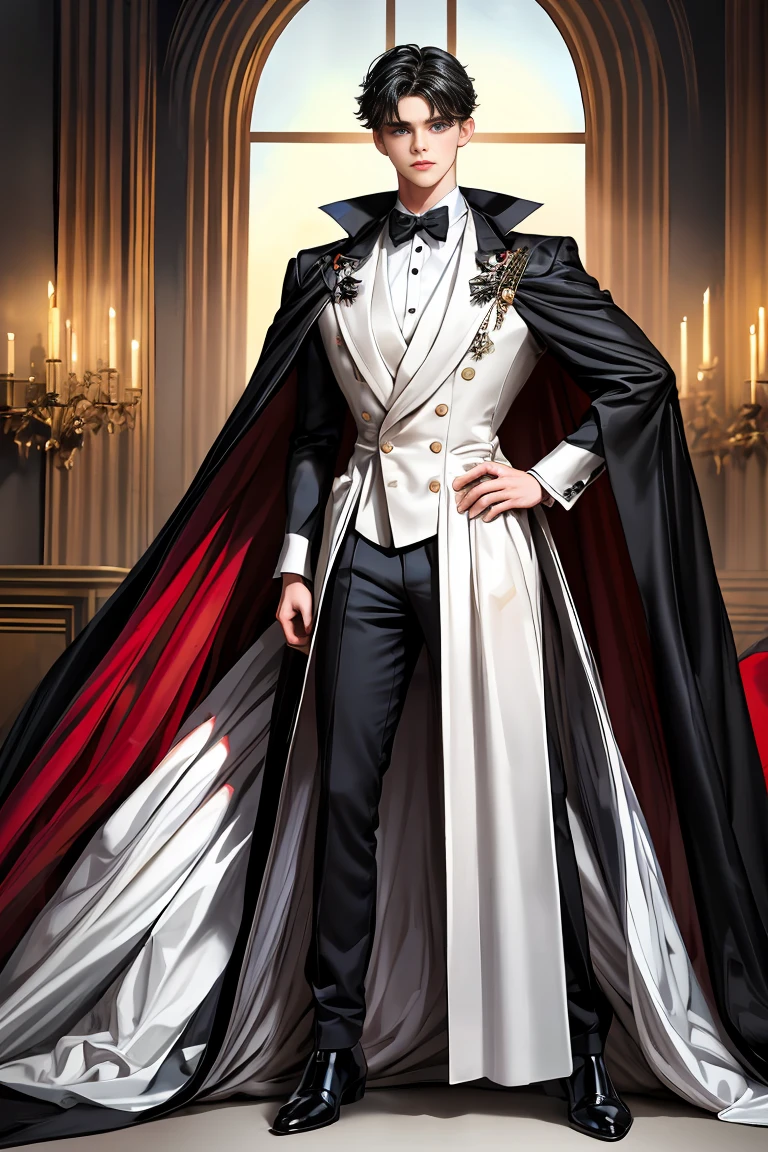 
masterpiece, 最high quality, high quality, 1 boy, alone, Male focus, Watching the audience,  Messy black hair, Adorable big blue eyes, White, Noble, Noble,A sexy, voluminous, puffy cape、tuxedo、A very voluminous, large, very large, very large, long, long red and black cape with a high stand-up collar, made of a lot of fabric that reaches down to the floor., 17 years old,Cute beautiful boys,Cute, cute, kind, handsome guy