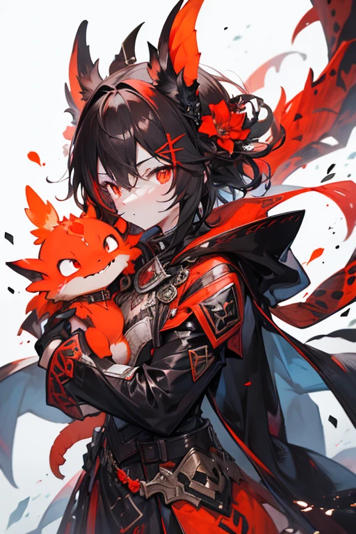kobold with red and orange reticulated scales dressed in a black coat in a fantasy city