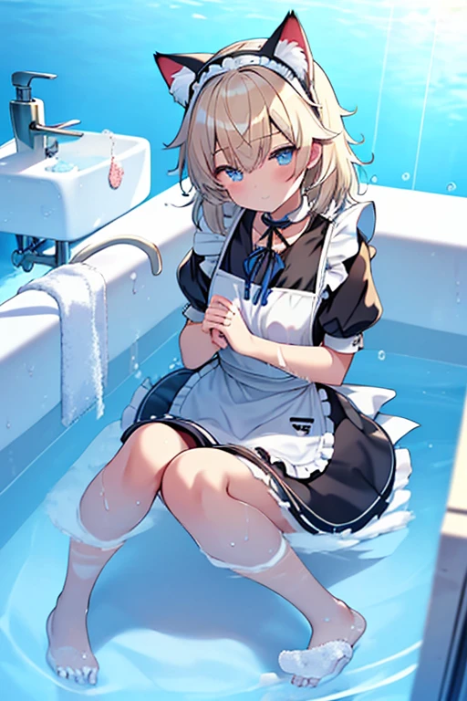 (Ultra high quality:1.6), (Highest quality:1.6), (Attention to detail:1.6), (Ultra-high resolution:1.6), (Detailed face:1.6), (Perfect Face:1,6), (Beautiful Eyes:1,6), (Detailed eyes:1.6), (Maid clothes, White apron, Headband, Black Dress, Blue ribbon, Maid clothes, Classic, Small breasts, Long:1.4), (白と黒のMaid clothes:1.6), (Blonde, Blue Eyes, Cat ear:1.5), cute, The best smile, Soaking wet, (Water droplets all over the body:1.4), (全身White foamまみれ:1.4), (Swimming in clothes, bathing, Bathroom, Longの浴槽:1.6), (Sitting, relax, Relax:1.6), (Bubble bath:1.4, White foam:1.4), (Maid clothesのまま浴槽に浸かる:1.4), 衣服にもWhite foam, (Submerged from toes to chest:1.6), shampoo, Body Soap, With arms outstretched,
