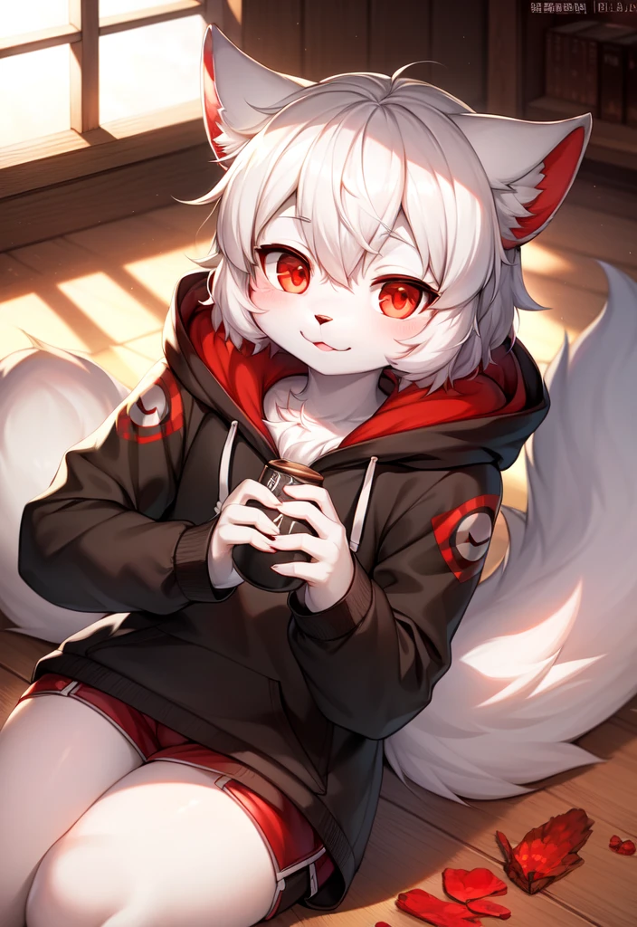 Furry, White fur, Super cute face, Red elements of fur, Black hoodie, Beautiful light and shadow, Zhou Haoguang, Very fine fur, Volumetric Light