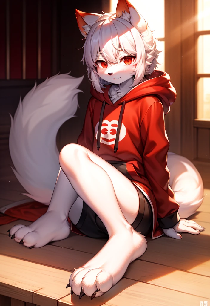 Furry, White fur, Super cute face, Red elements of fur, Black hoodie, Beautiful light and shadow, Zhou Haoguang, Very fine fur, Volumetric Light