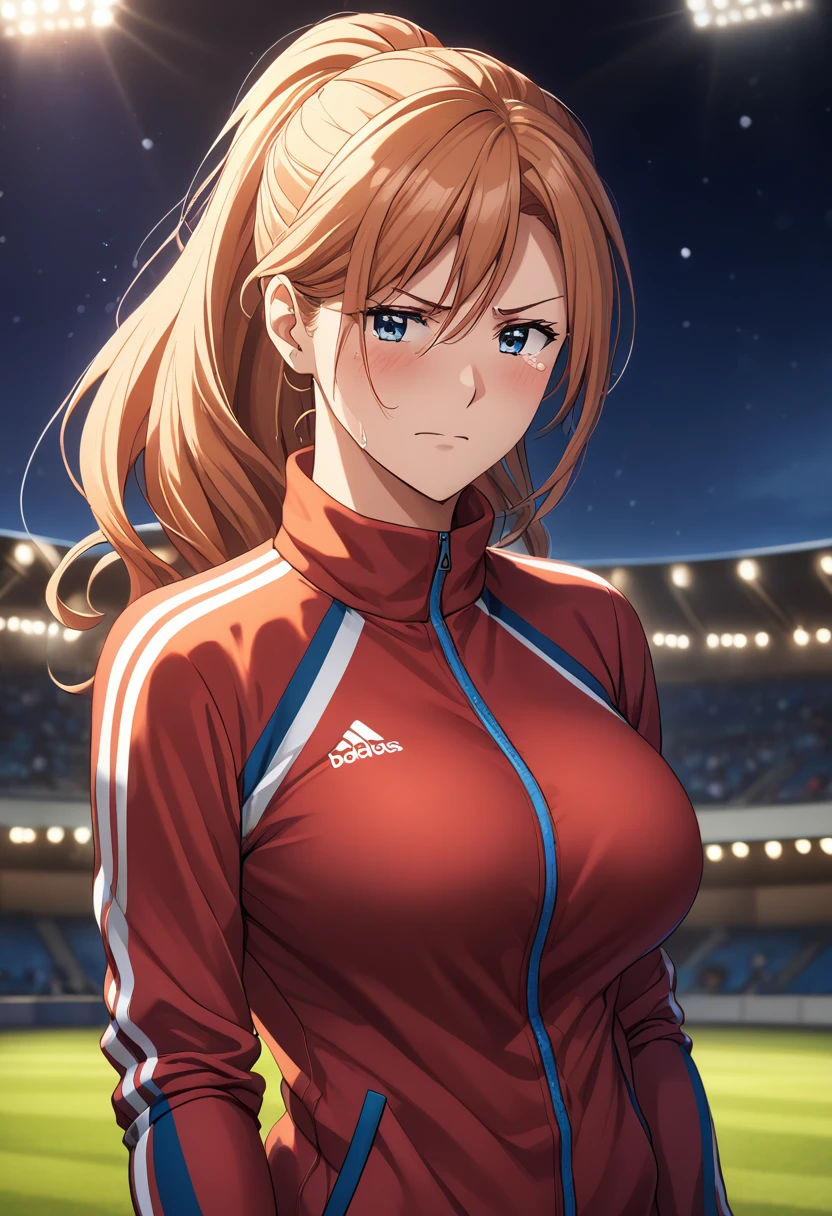 woman, (mature:2.0), bianka durandal ataegina, (ponytail:1.5), large breasts, tight shirt, multicolored tracksuit, standing straight, wetting herself:2.0), best quality, ultra-detailed, HDR, studio lighting, professional, vivid colors, sharp focus, bokeh, landscape, empty stadium, night, spotlight, soft lighting, dynamic shadows, embarrassed, humiliation, blushing, angry, tears, facing viewer, anime sreencap