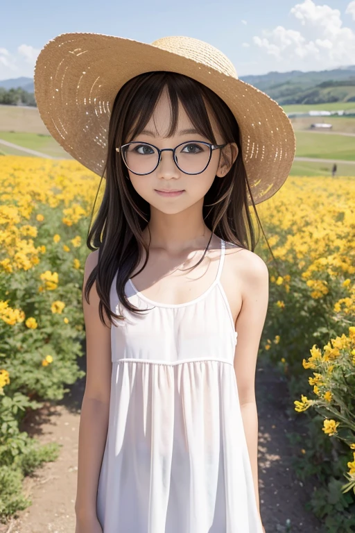 (8k),(masterpiece),(Japanese),(10 year old girl),((Innocent look)),Pure,from the front,(smile),((cute)),((超cute)),Innocent,Kind eyes,((Double Eyes)),((White camisole dress)),(((White dress))),(((White clothes))),(((Sheer dress))),((See-through)),(((The skin is clearly visible))),(((Nipples are visible through the fabric))),Clothes fluttering in the wind,Décolletage,Embarrassing,Shy,blush,Hair blowing in the wind,Black Hair,(Child body type),summer,Deep blue sky,cloudless sky,Somewhat strong wind,noon,bright,Flower Field,Straw hat,(((Black-rimmed glasses))),Photoreal