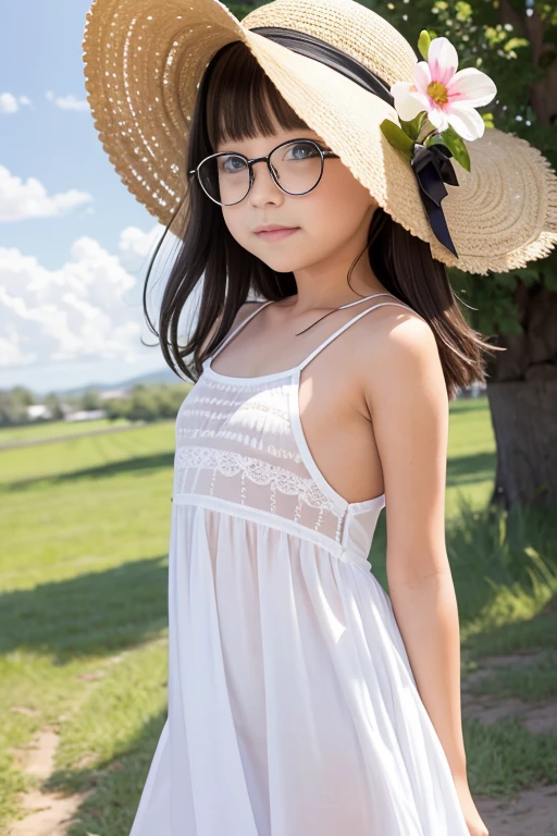 (8k),(masterpiece),(Japanese),(10 year old girl),((Innocent look)),Pure,from the front,(smile),((cute)),((超cute)),Innocent,Kind eyes,((Double Eyes)),((White camisole dress)),(((White dress))),(((White clothes))),(((Sheer dress))),((See-through)),(((The skin is clearly visible))),(((Nipples are visible through the fabric))),Clothes fluttering in the wind,Décolletage,Embarrassing,Shy,blush,Hair blowing in the wind,Black Hair,(Child body type),summer,Deep blue sky,cloudless sky,Somewhat strong wind,noon,bright,Flower Field,Straw hat,(((Black-rimmed glasses))),Photoreal