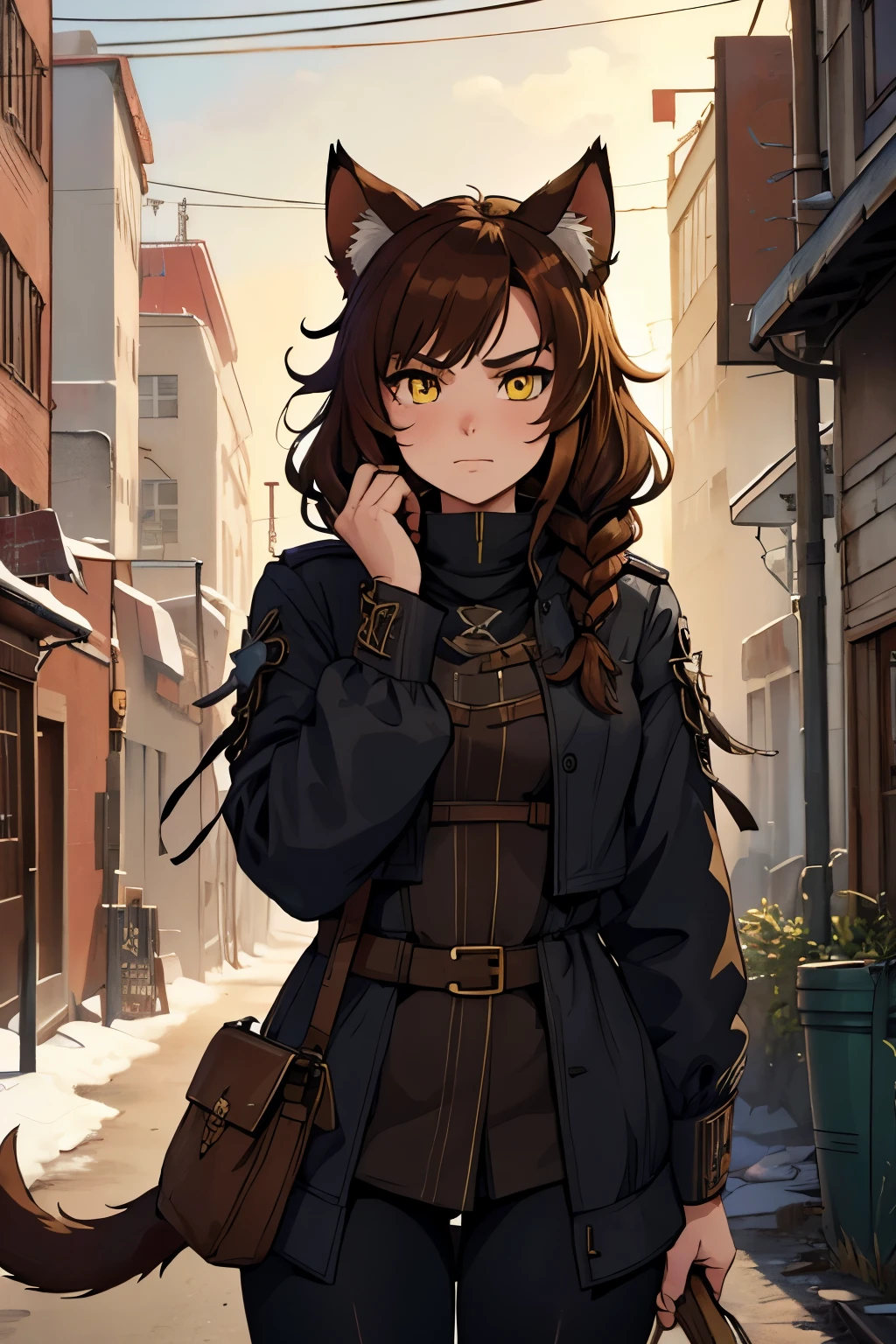 soft, cute adult neko with cat ears, medium length luscious brown hair with 1 short braid near the face, yellow eyes, cat tail .....    , punk Frostpunk punk..... On the soviet communist soviet socialist street 