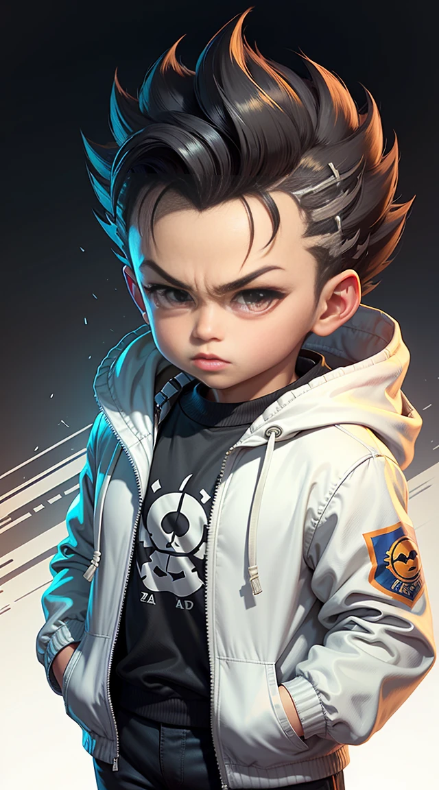 A real life adaptation of this character, his name is Vegeta from the anime Dargon ball, little Goku, wearing a white jacket, black pants (cute work) on a black background. Realistic, realistic clothing with white jacket, background (photorealistic: 1.2),