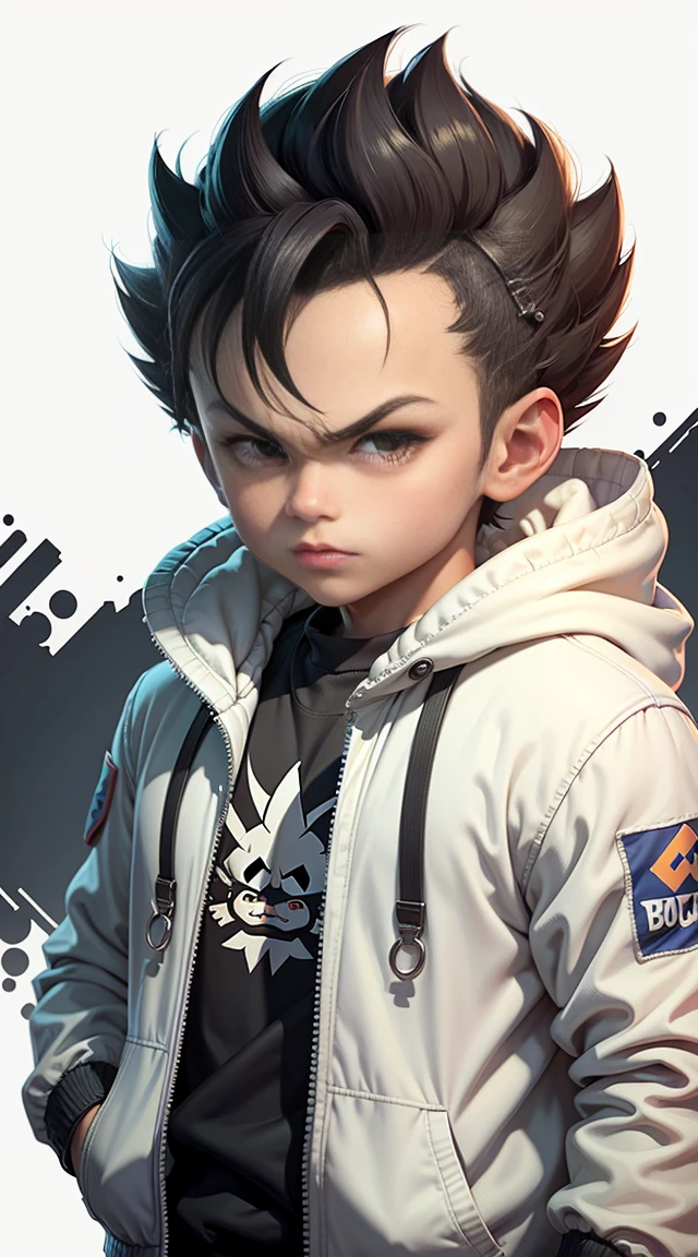 A real life adaptation of this character, his name is Vegeta from the anime Dargon ball, little Goku, wearing a white jacket, black pants (cute work) on a black background. Realistic, realistic clothing with white jacket, background (photorealistic: 1.2),