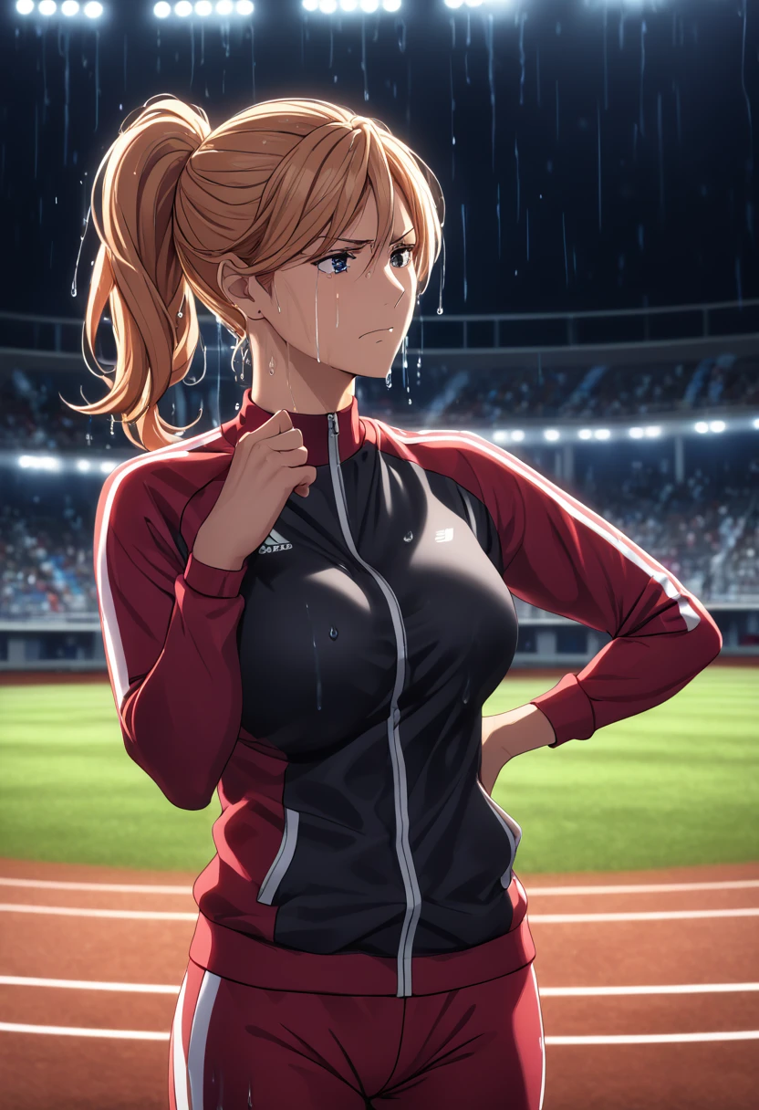 woman, (mature:2.0), bianka durandal ataegina, (ponytail:1.5), large breasts, tight shirt, multicolored tracksuit, standing straight, (wetting herself:2.0), best quality, ultra-detailed, HDR, studio lighting, professional, vivid colors, sharp focus, bokeh, landscape, empty stadium, night, spotlight, soft lighting, dynamic shadows, embarrassed, humiliation, blushing, angry, tears, facing viewer, anime sreencap