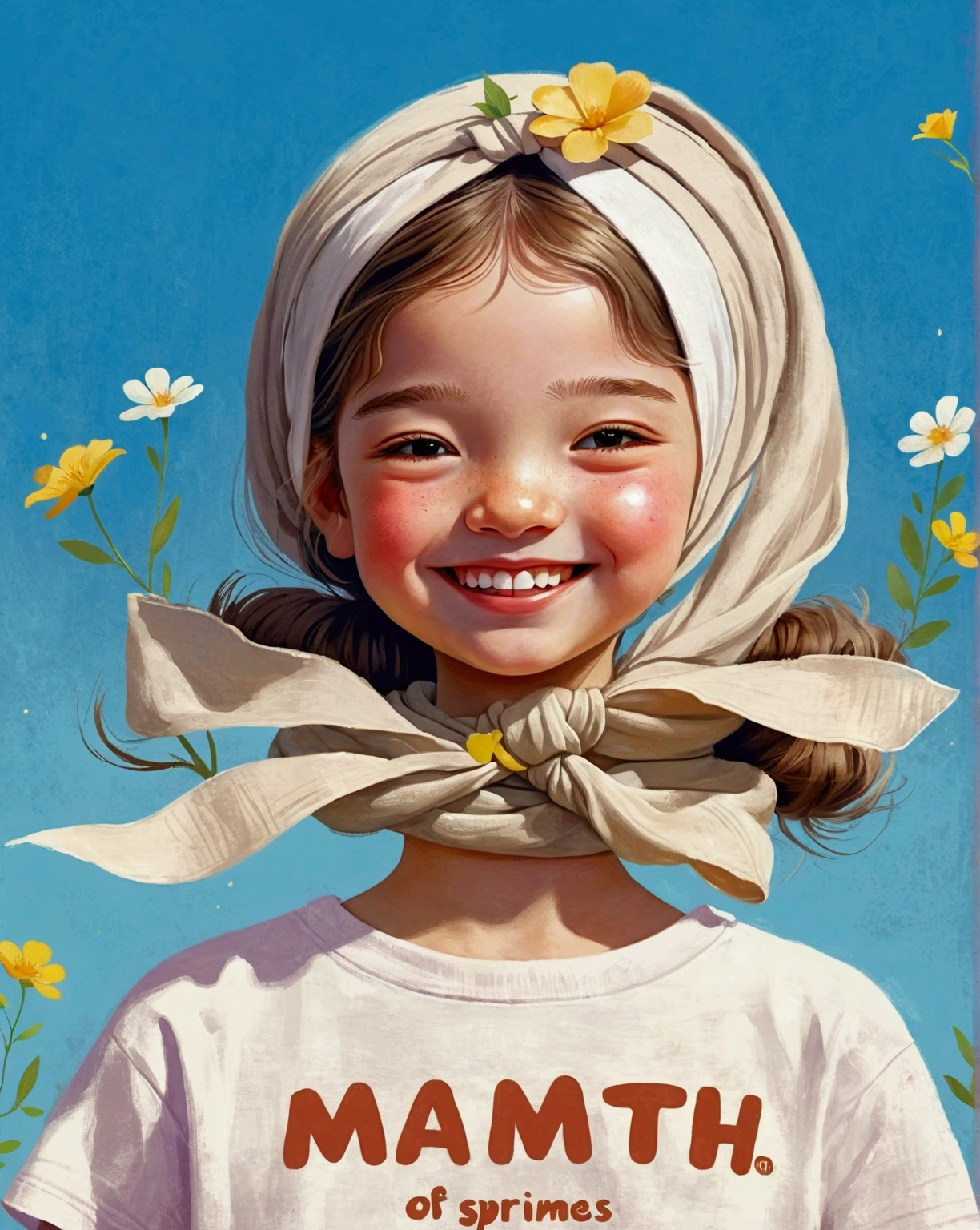 Pastel Art:Illustration of wearing beige headscarf, Funny smile,teeth,White lettering short-sleeved T-shirt。The Art of Mathematics ,Hot trends, The Art of Mathematics, 采用数码Illustration style, The Art of Mathematics. The Art of Mathematics illustration, Flower-faced girl, Cute illustrations, The breath of spring, Illustration Art, Illustration style, Drawn in a whimsical style