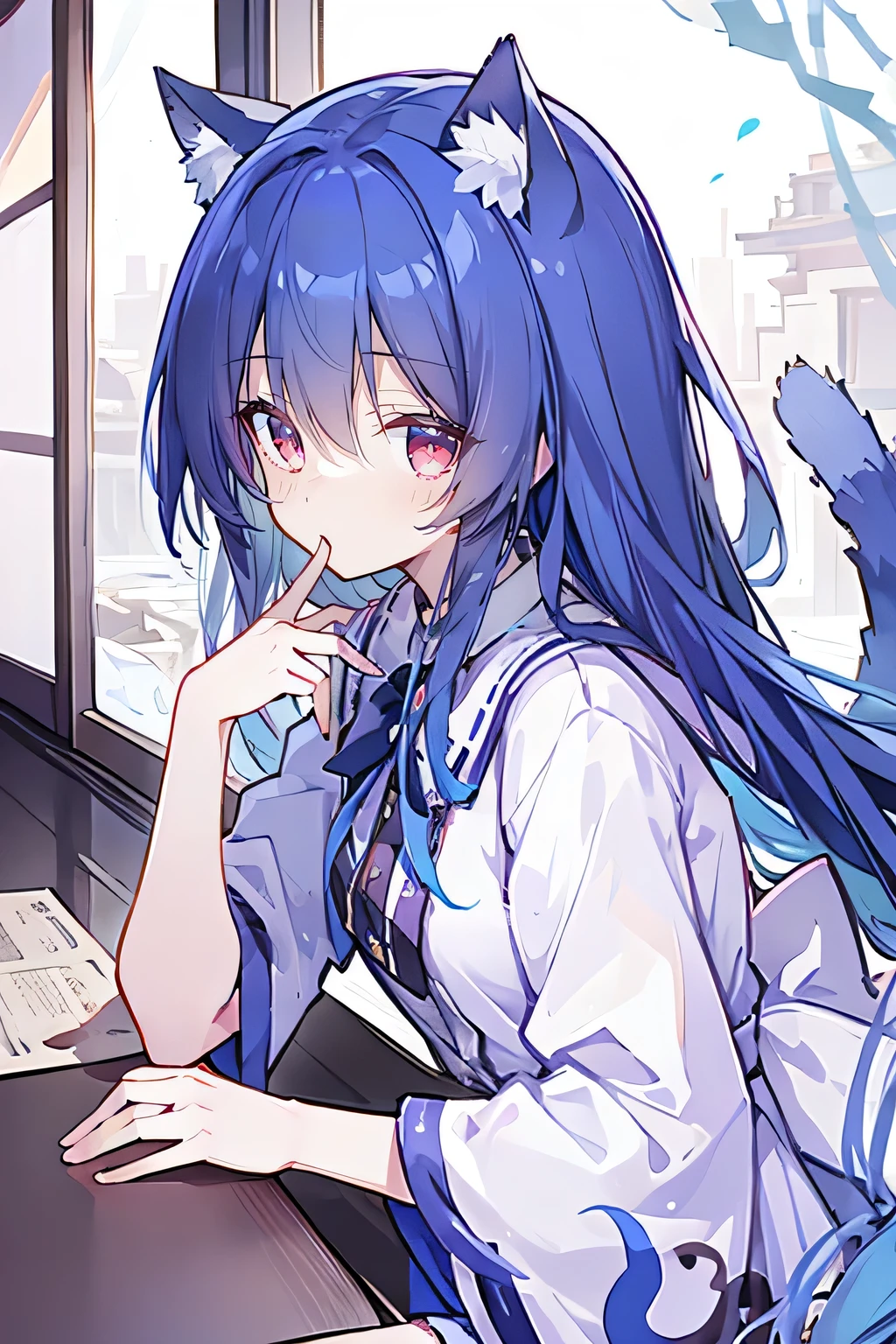 (Masterpiece:1.2)，Ultra-detailed，lifelike，The eyes are expressive，Fair skin，Perfect face shape，1 girl，Japanese Manga，Gorgeous blue hair，Flowing blue hair，Flowing clothes，Cat ears，Petals falling，Smile，Tokyo background，background，heavy snow，winter.Highest quality，perfect face，sitting on window sill drinking coffee and looking out the window.