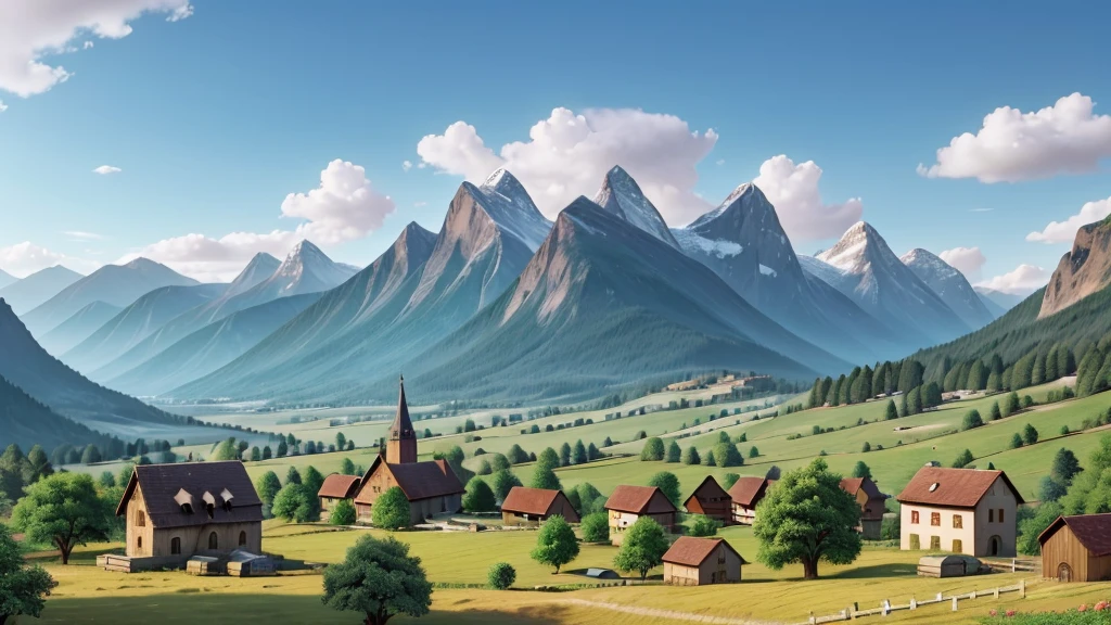 This photo depicts a beautiful landscape with high mountains in the distance. The mountains have sharp peaks and are partly covered with snow. In the foreground, there was a green valley with patches of trees and what appeared to be agricultural fields. A small settlement, includes buildings with dark roofs and a church with a tall bell tower, located in the valley. blue sky, suggests that it might be a nice sunny day